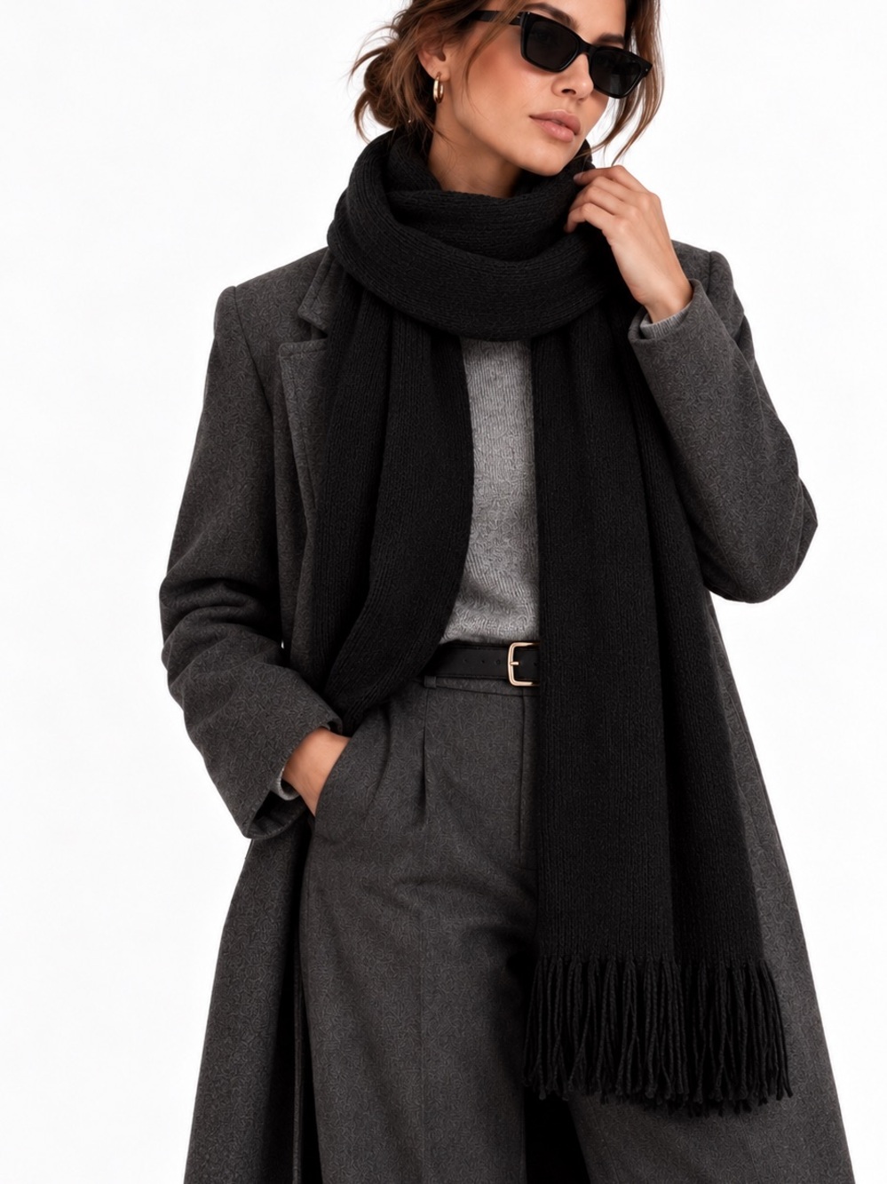 Echo Black Ribbed Knit Fringe Scarf 81” Long